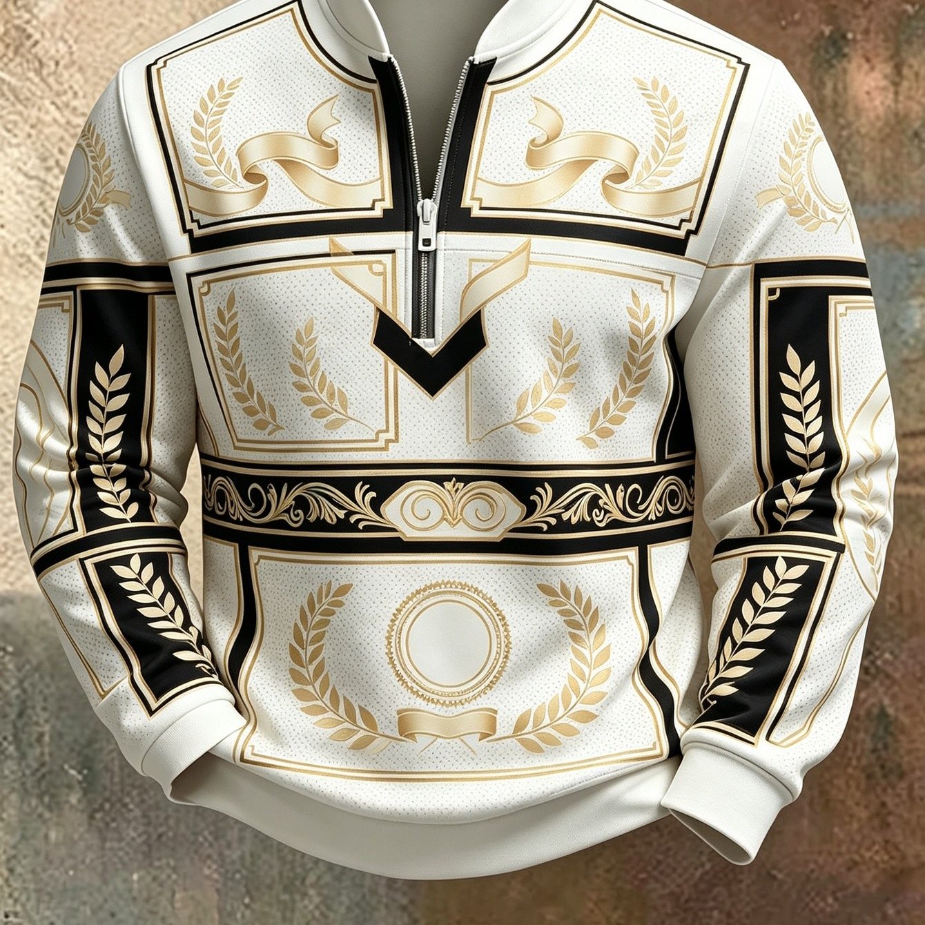 TEMU Spring And Autumn Men's Retro European-style Sweatshirt With Medal And Wheat Ear , Long Sleeves, Half-zip, Collar, Suitable For Daily Casual