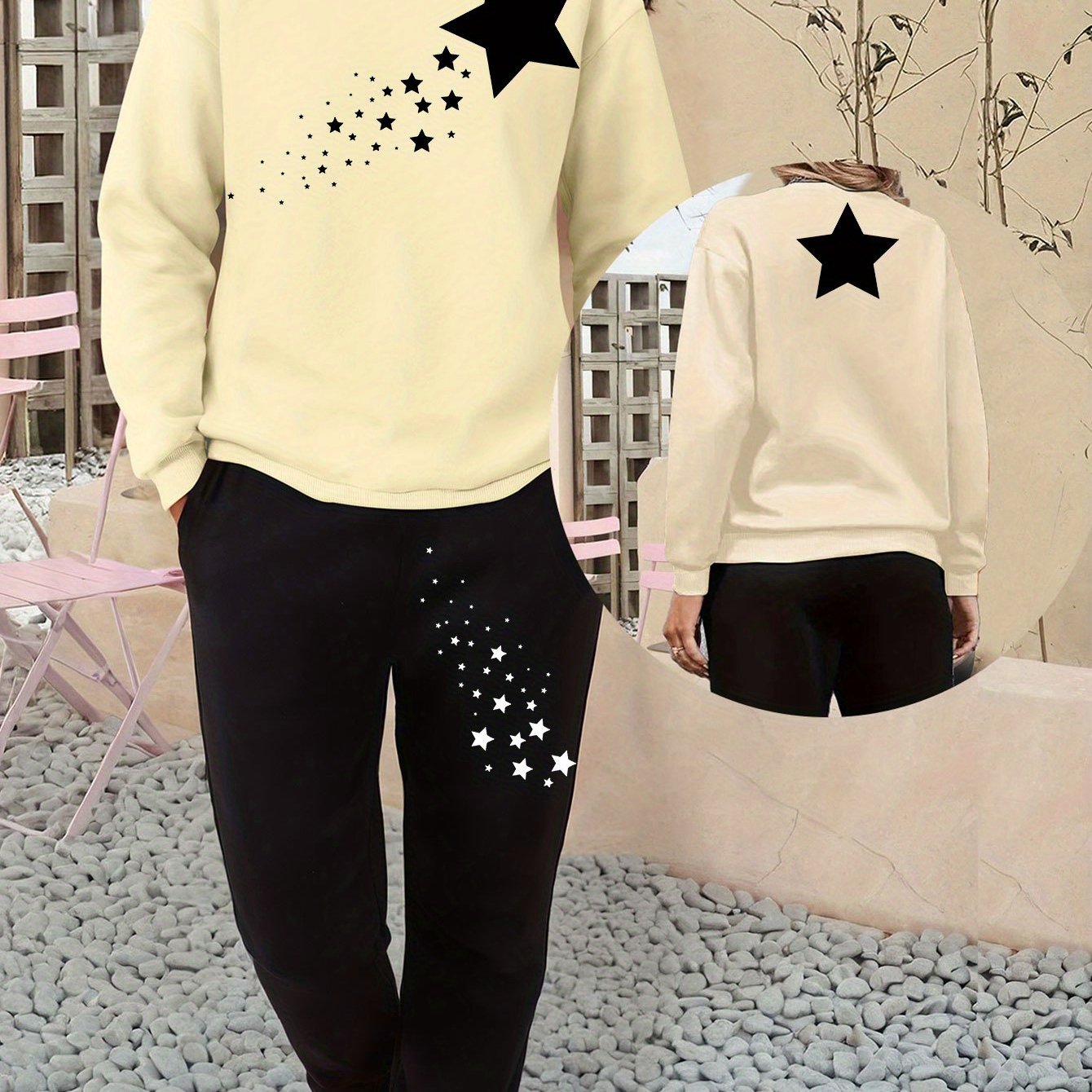 TEMU Women's Star Pattern Two-piece Set, Casual Crew Neck Sweatshirt And Pants, 100% Polyester Knit Fabric, Cartoon Design, Fall/, 250gsm - Red/pink/orange
