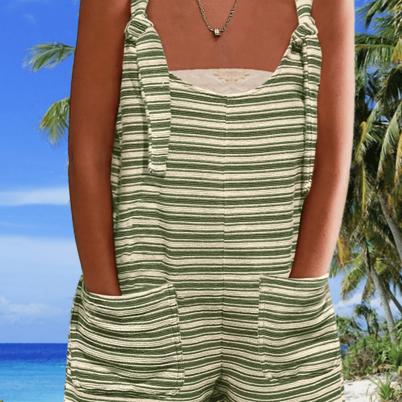 Image of Women's Spring Summer Daily Casual Sleeveless Romper Loose Striped Tied Shorts Overalls Jumpsuit With Pockets Clothes
