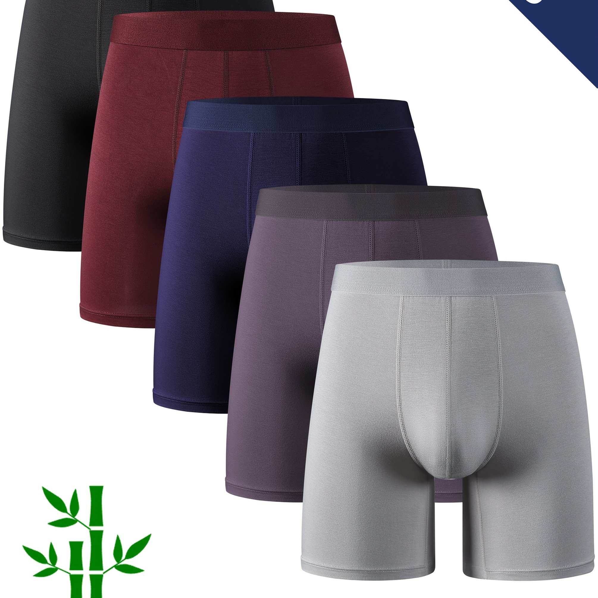 TEMU Pack de 5 Boxers Largos de Fibra de Bambú para Hombres, Ropa Interior Negra de Tiro Medio para , Adolescentes, Deportes, Casual, Todas ,