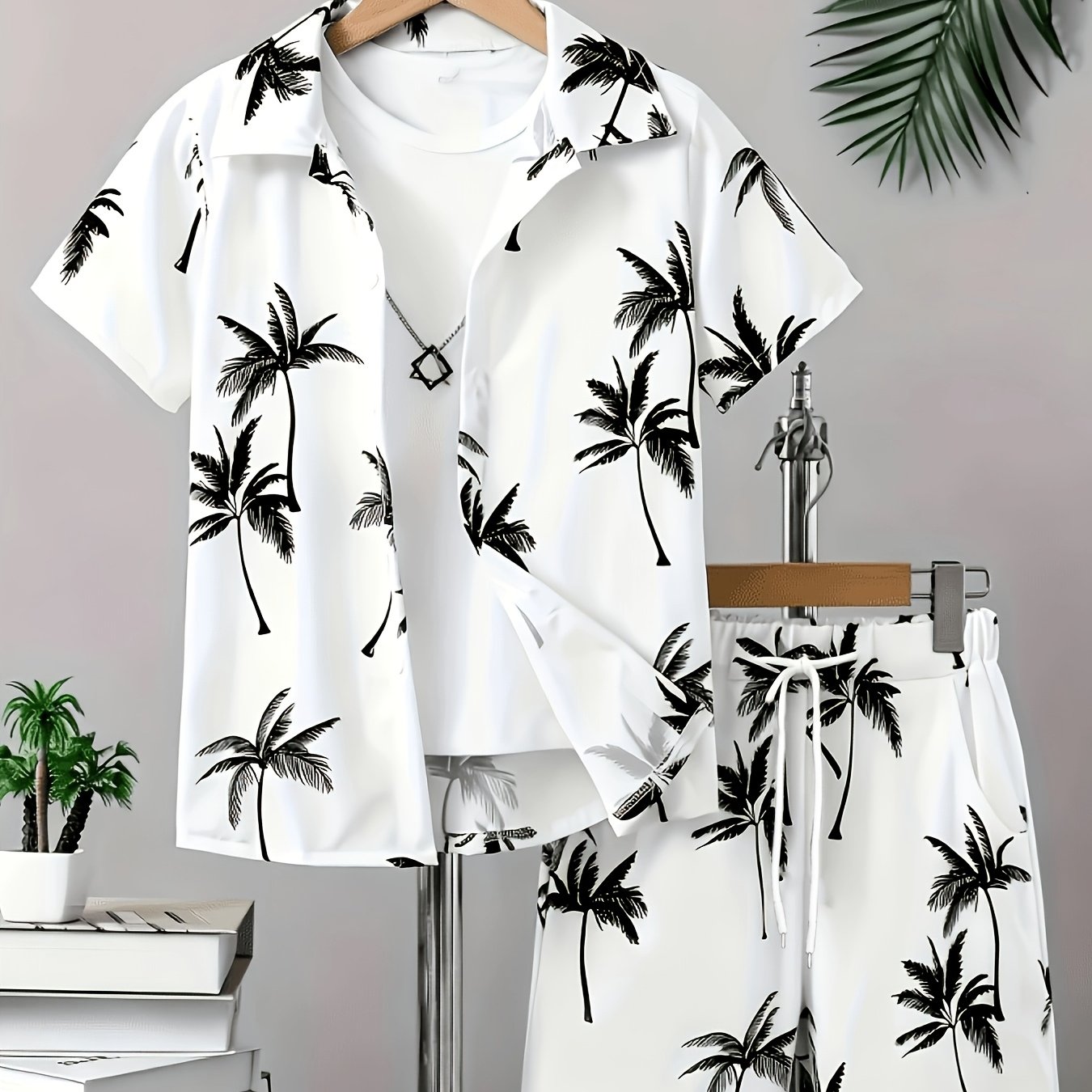 TEMU Boys' Casual Short-sleeve Collared Shirt And Shorts Set With Coconut Tree Print, 2pcs Set, Random Colors, Perfect For Outdoor Activities