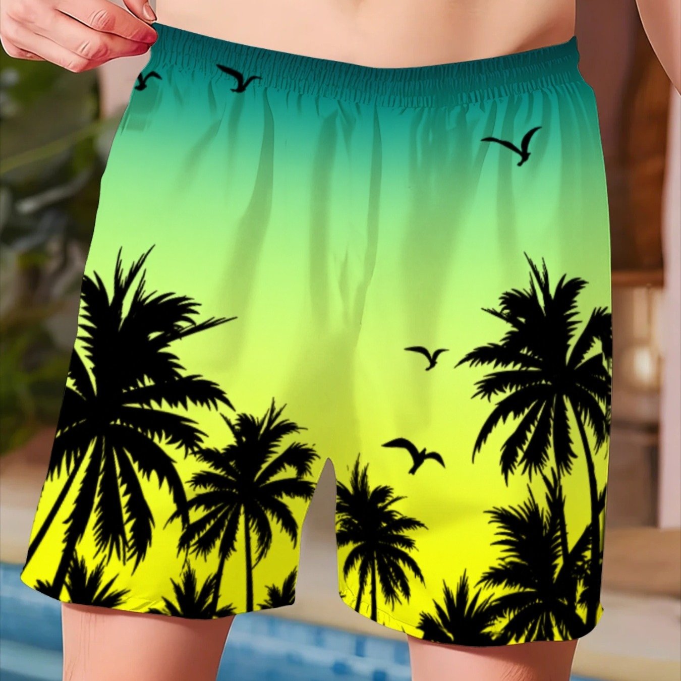 Image of New Boys' Green And Yellow Gradient Coconut Tree Pattern Printed Sports Quick-dry Breathable Loose Comfortable Surfing Beach Vacation Shorts Swim Trunks, Perfect For Outdoor
