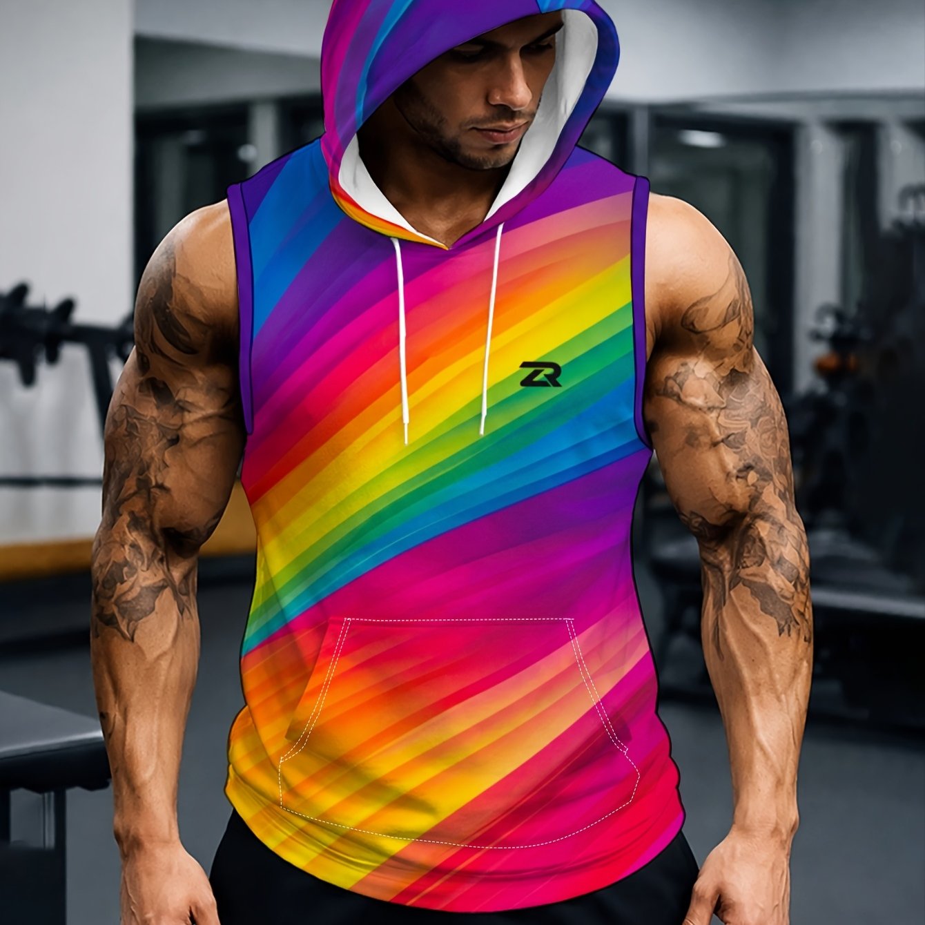 TEMU Men's Sleeveless Hoodie With Colorful Breathable Comfortable For Sports Fitness Daily Casual Trendy Fashion Personality Print Youth Versatile