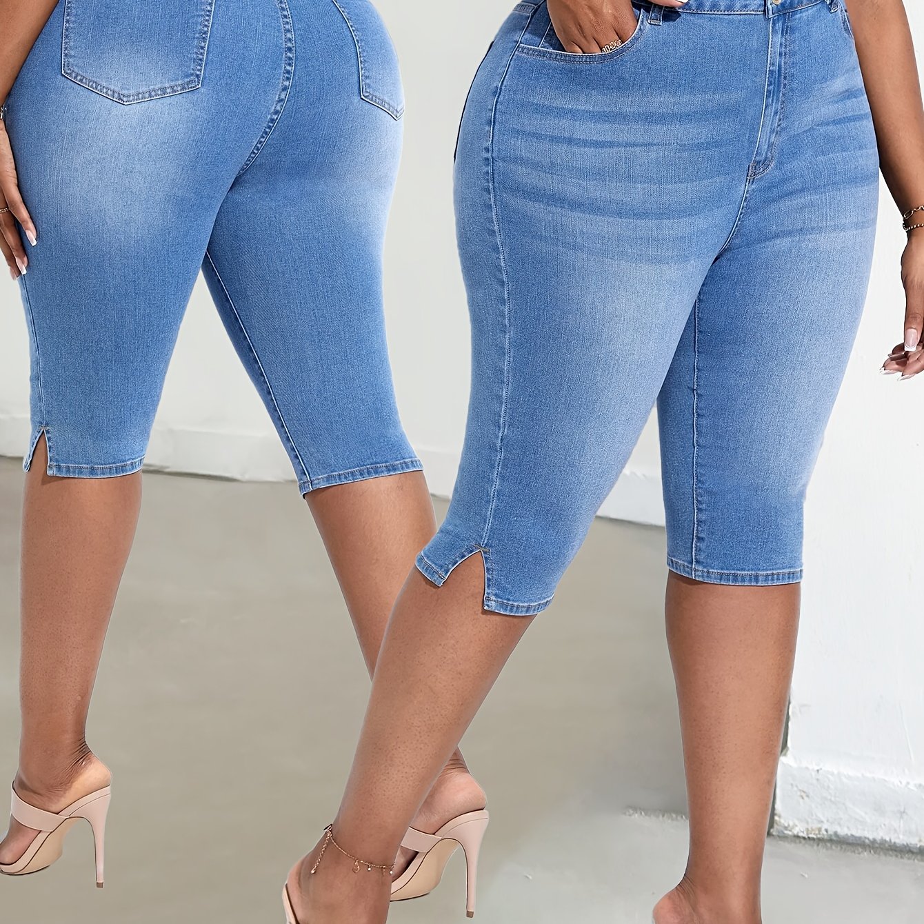 Plus Size Light Blue Whisker Slim-fit Cropped Pants Denim Jeans
