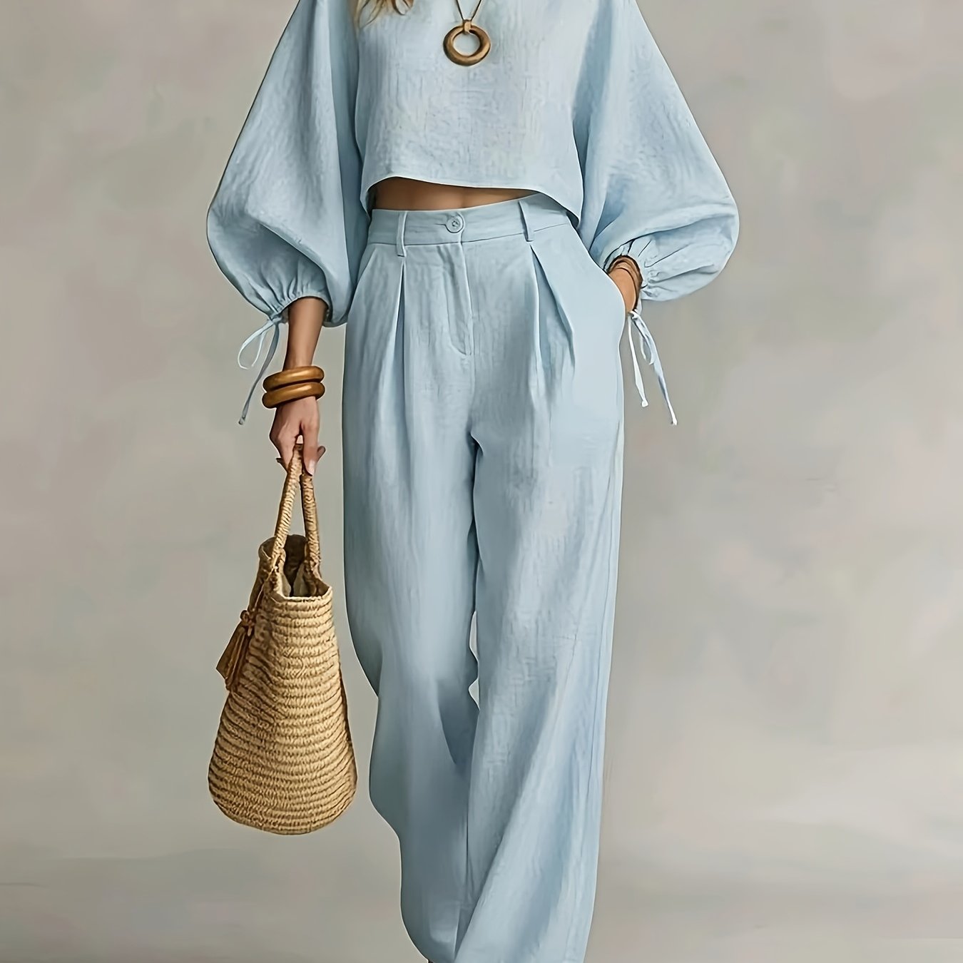 TEMU Casual 2pcs Set: Off-shoulder Lantern Sleeve Crop Top   Flowy Wide-leg Pants,, Versatile For Vacation, Commuting, And Casual Attire