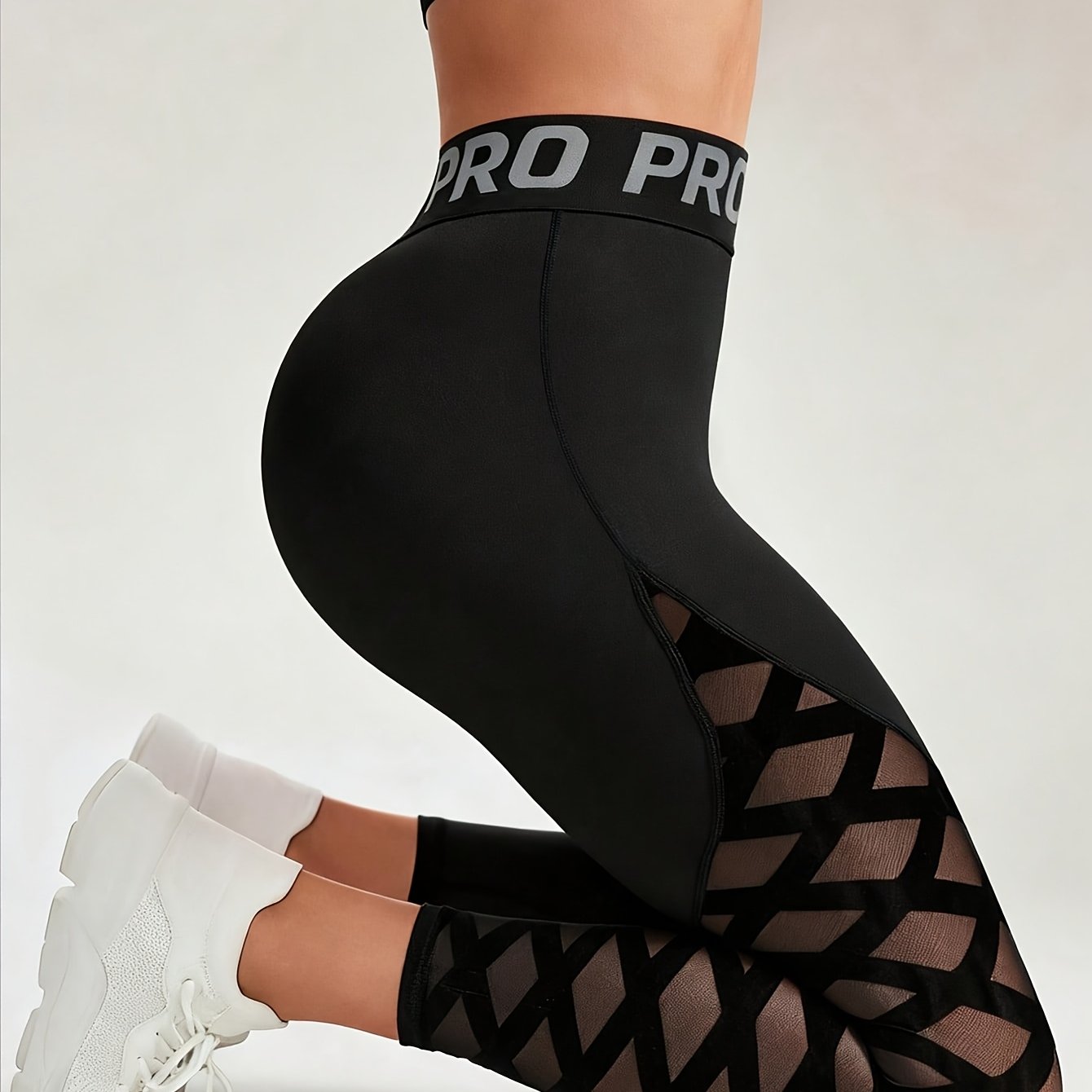 E-shop Neue Bestseller Yoga-Hose mit Buchstaben, Damen High-Waist Yoga-Hose in Unifarben mit reflektierendem Buchstaben-Gürtel Mesh-Einsatz, Schwarz,