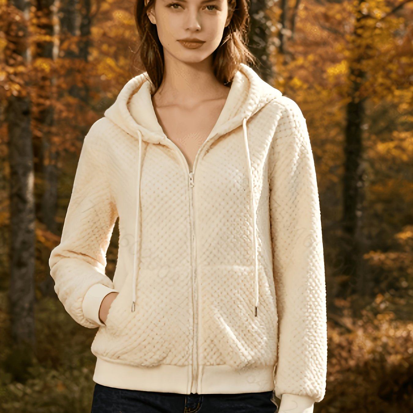 TEMU Directional Zipper Plush Hooded Coat Elegant Color Warm Drawstring Long Sleeve Jacket Autumn Winter Women's Clothing
