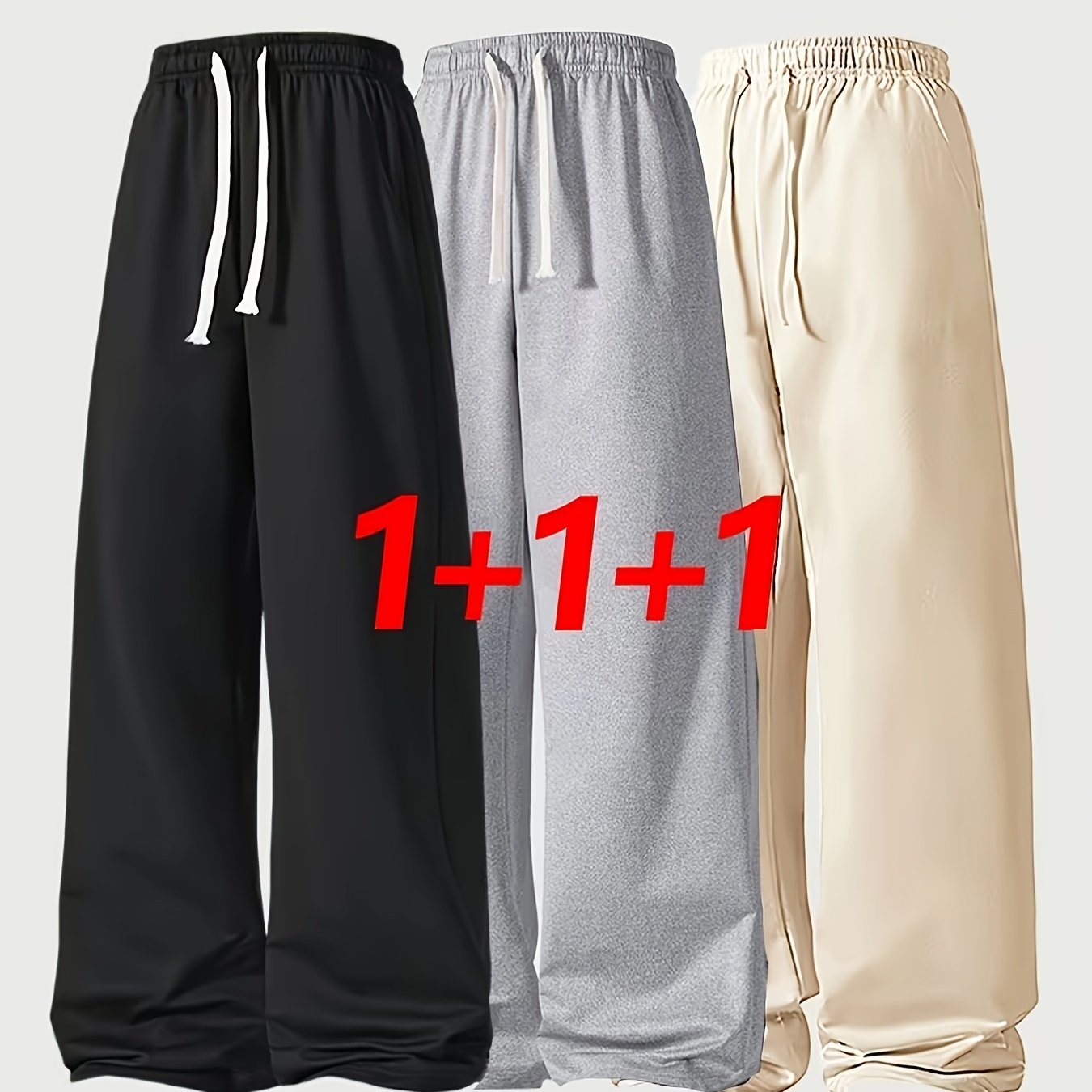 TEMU 3pcs Men's Loose-fit Wide-leg Sweatpants - Breathable Polyester Joggers With Drawstring Waist & Pockets, Straight-leg Trousers Suitable For