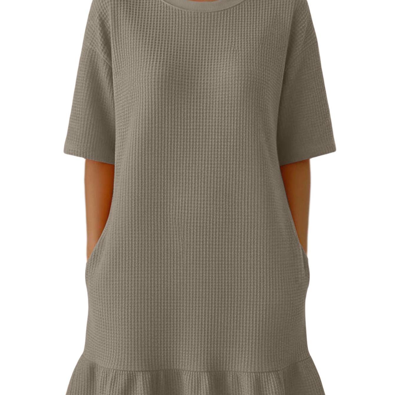 Image of Women's T-shirt Dress Short Sleeve Loose Mini Dress With Ruffle Hem, Casual Crew Neck Pocket