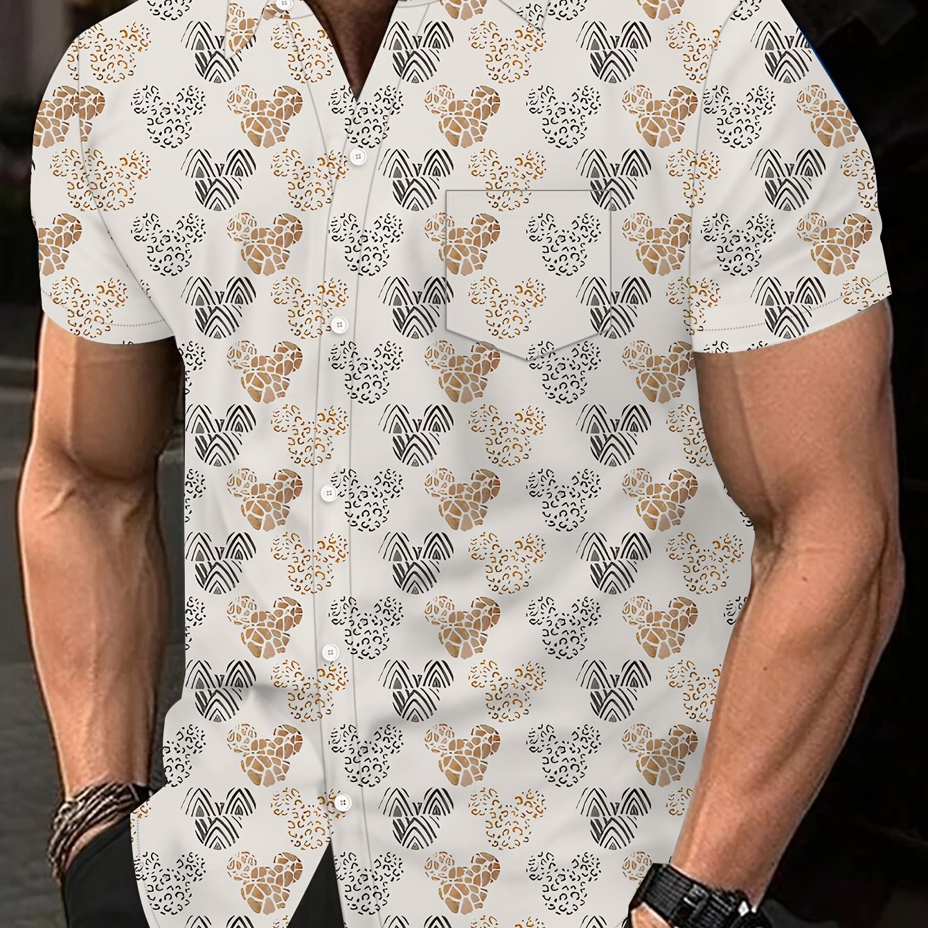 TEMU Men's Bear Head Printed Short-sleeve Shirt With Chest Pocket, Polyester Fabric, Regular Fit, Machine Washable, Ideal For Summer Beach And Daily