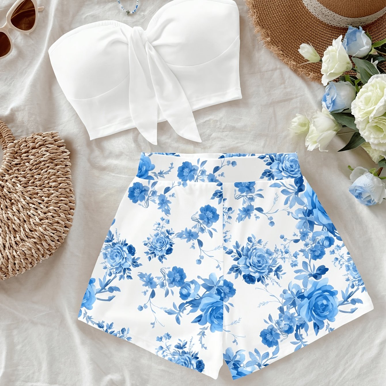 TEMU 2pcs Set: Women's Casual Short-length Body-hugging Camisole Top And Shorts, Suitable For Summer Vacations And Beachwear. 2pcs Set With Front Tie