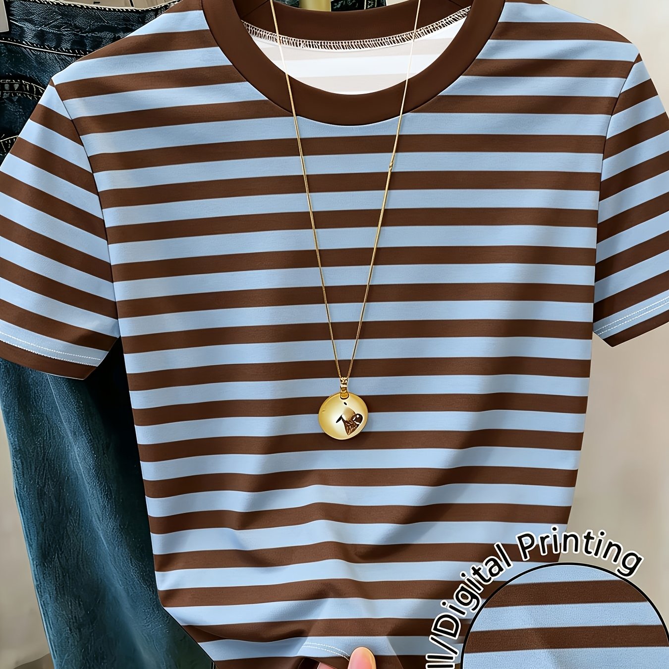 TEMU Women's Blue Brown Striped Color Block Short Sleeve T-shirt Retro Slim Crew Neck Top