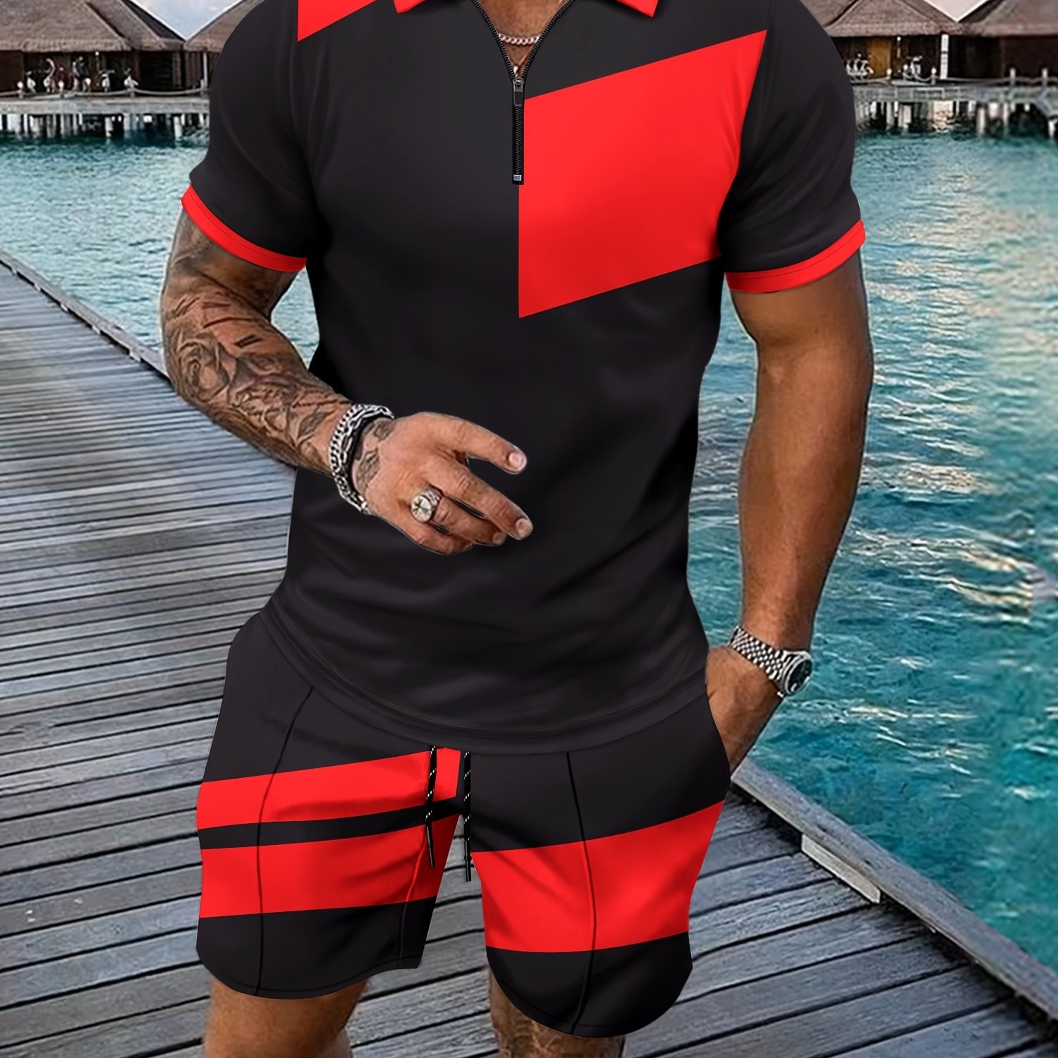 TEMU 2pcs Men' Full Summer Suit, Zipper Collar Short Sleeve Shirt And Matching Shorts Set, Hawaiian Vacation In Summer