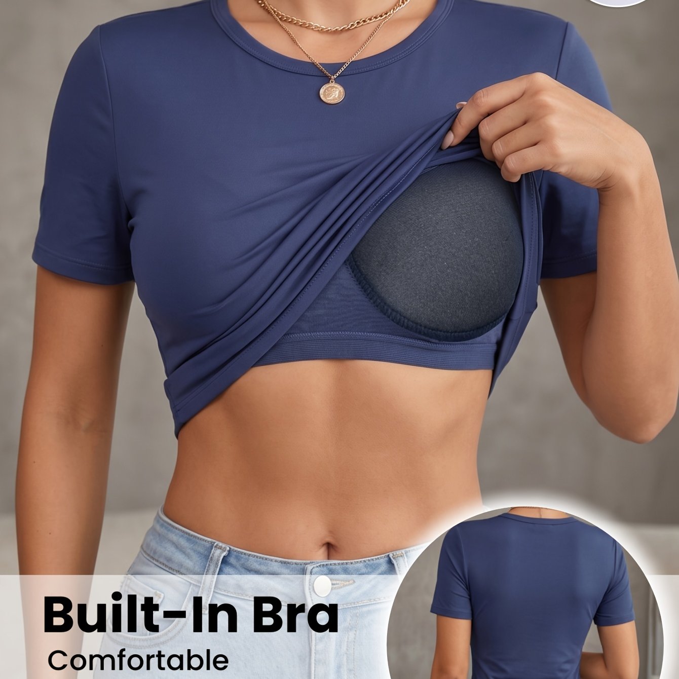 TEMU 1pc Women's 2-in-1 Built-in Bra Short Sleeve Top, Round Neck Comfortable And Soft Short Sleeve, Versatile For Sleeping And Lounging At Home,