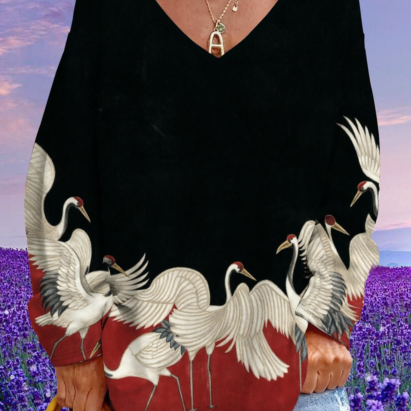 TEMU Plus Size - Plus Size - Plus Size Women's Top, V-neck Long Sleeve Black Red Contrast Crane Pattern, Oriental , Machine Washable Stretch Fabric,