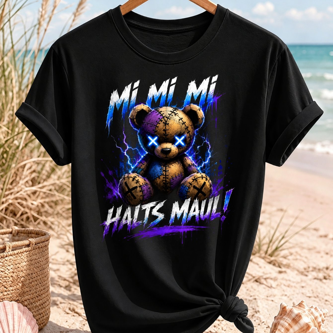 Image of Mi Mi Mi Stitched Teddy Bear T-shirt Glowing Plush Graphic With Blue Lightning Purple Paint And Grunge Style Unisex All T-shirt