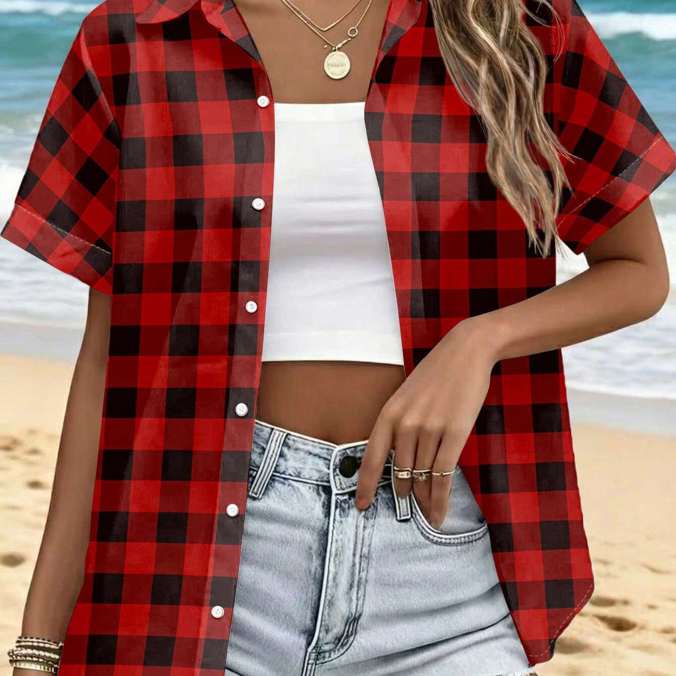 TEMU Printed Design â Not Textured: Women's Casual Short-sleeve Shirt With A Red And Black Regular Checkered Pattern, Machine-washable Top, Stylish