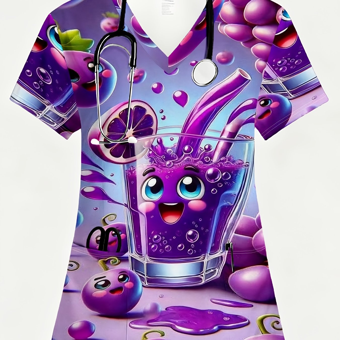 TEMU T-shirt Femme Col V, Style Décontracté Tendance, Motif Imprimé Numérique Jus de Raisin, Lavable en Machine, avec Poche, Style Polyvalent, Idéal