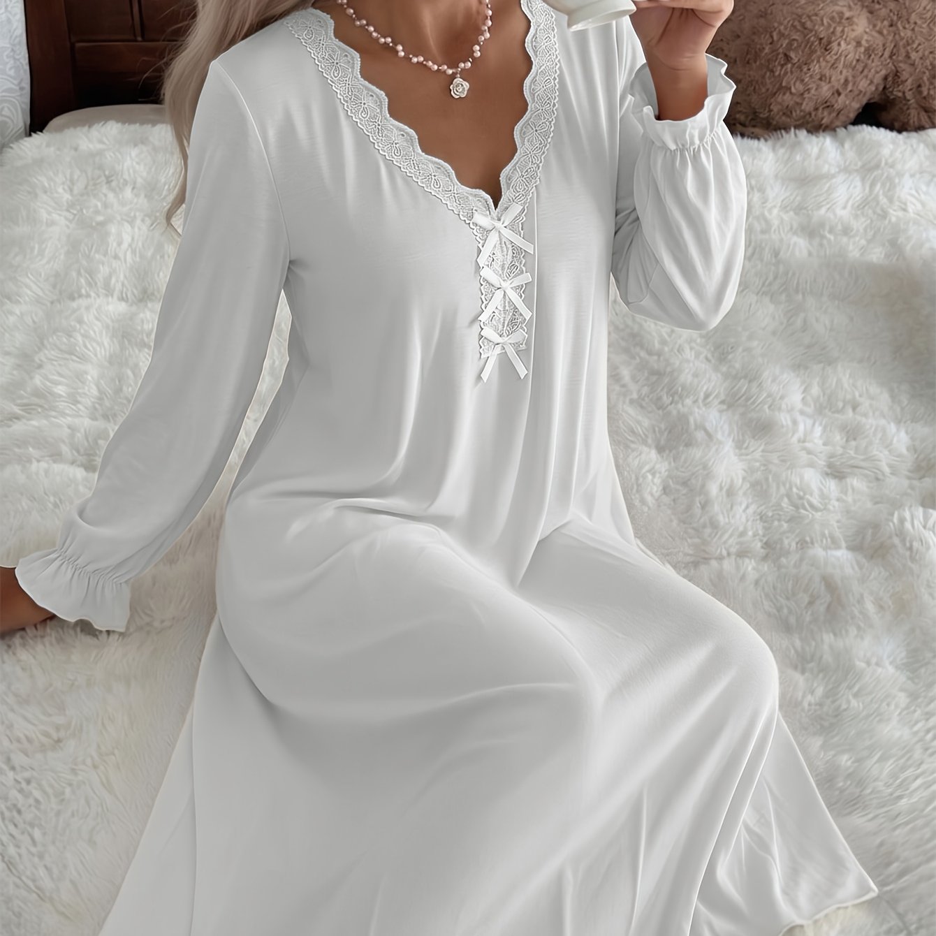 TEMU Women's Rayon Modal Lace V-neck Bow Stretchy Nightgown, Super Soft