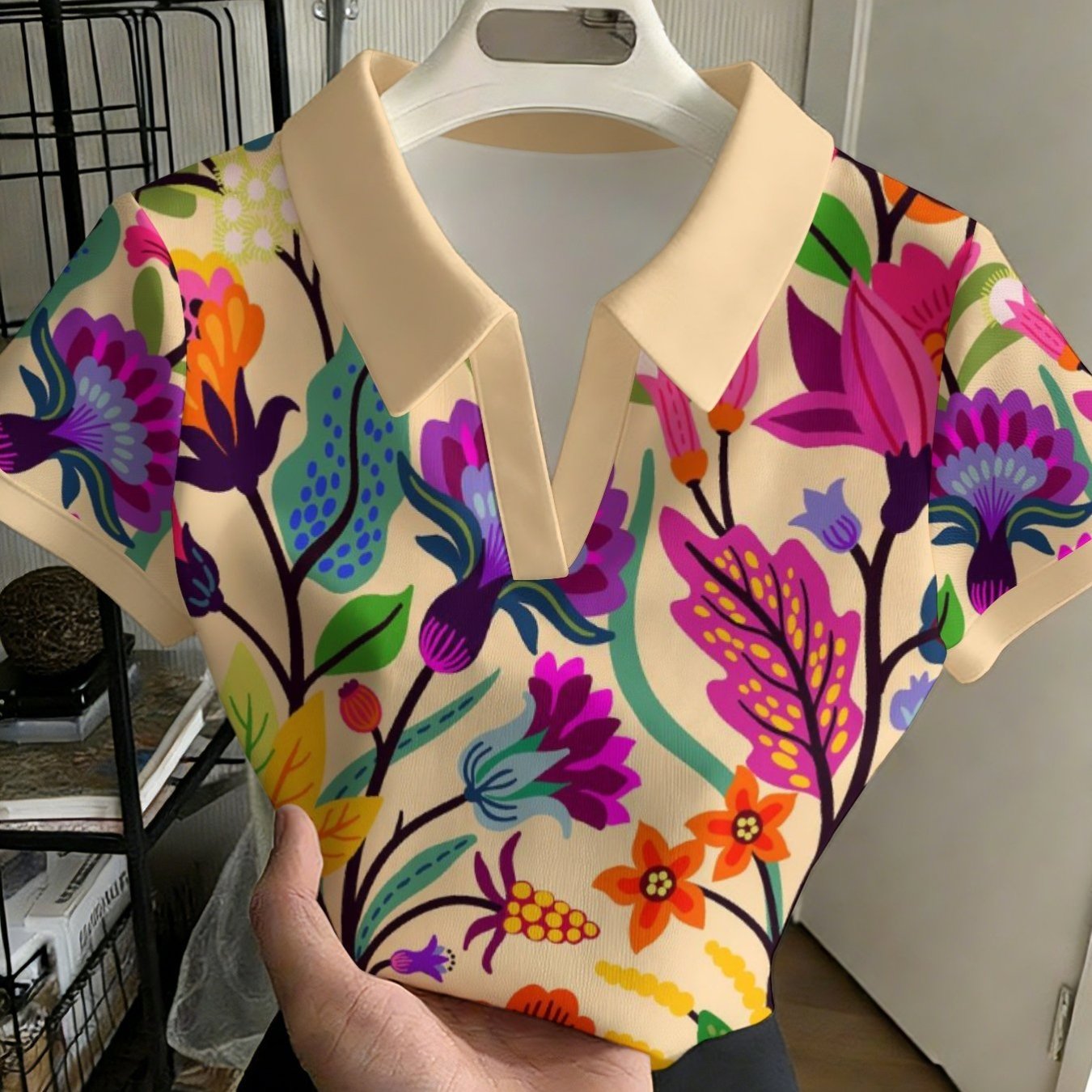 TEMU Women's Stylish And Versatile Buttonless Shirt, Flower Yellow Pink Visual Arts Creative Arts Wrapping Paper Motif Pattern Geraniums, Fashionable
