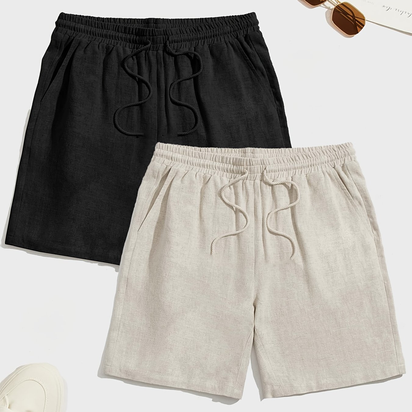 TEMU 2pcs Loose Fit Men's Drawstring Waist Shorts Cool Plain Khaki Tropical Boho, For Spring-to-summer, Gym, Golf, Camping, Sports