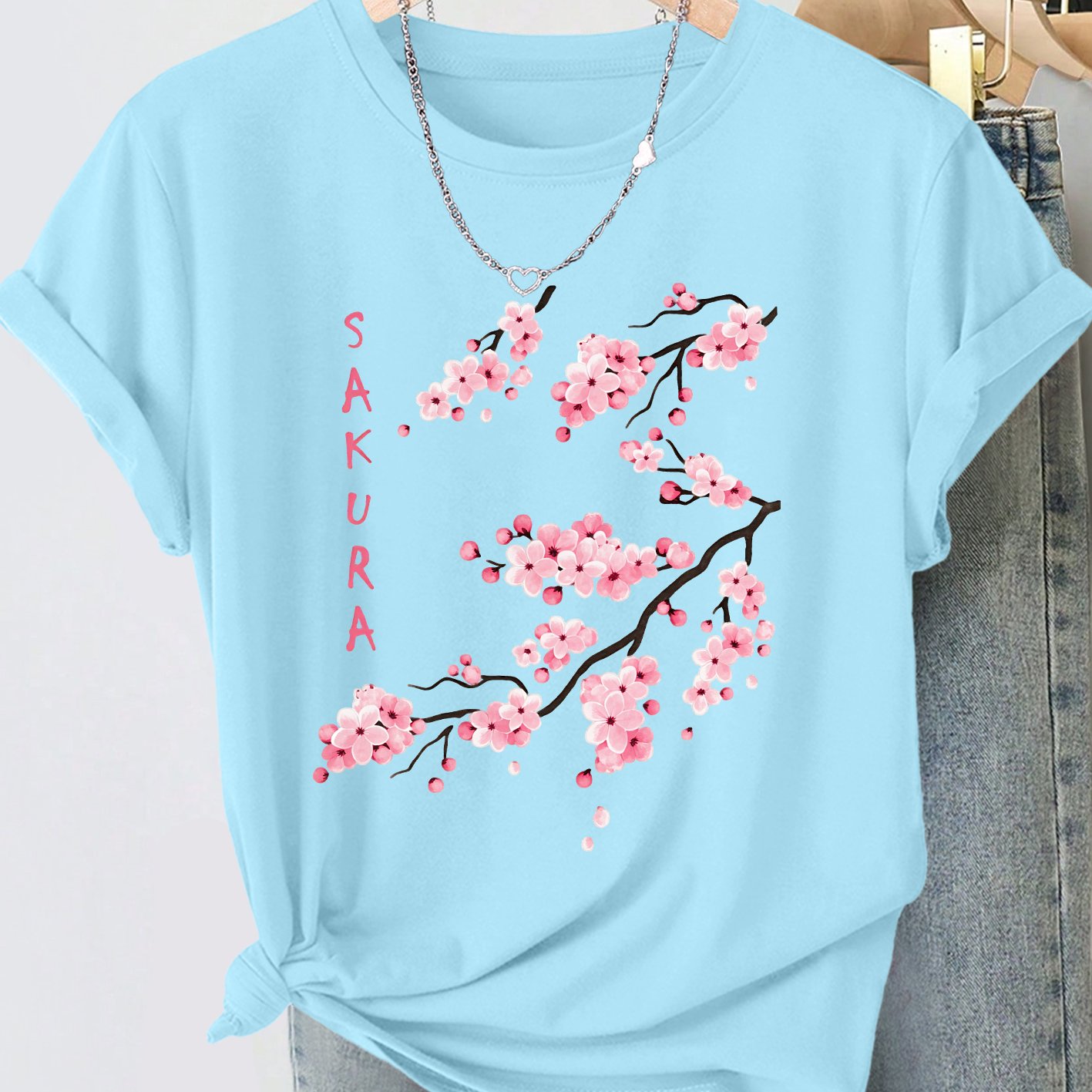 TEMU Women's Summer Clothing Sakura Cherry Print Round Neck Short Sleeve T-shirt Japanese Fashion Commuting Vacation Daily Versatile Plus Size