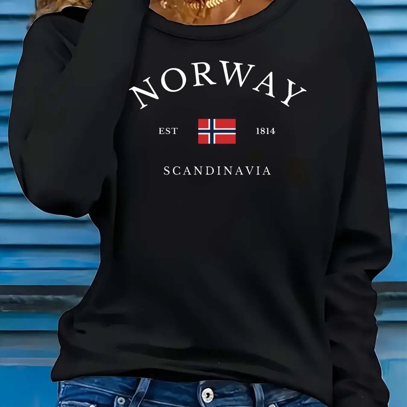 TEMU Grande Taille - Grande Taille - Pull Drapeau Norvège pour Femmes - Haut à Manches Longues avec Motif Norvège, Noir avec Blanc - Tenue