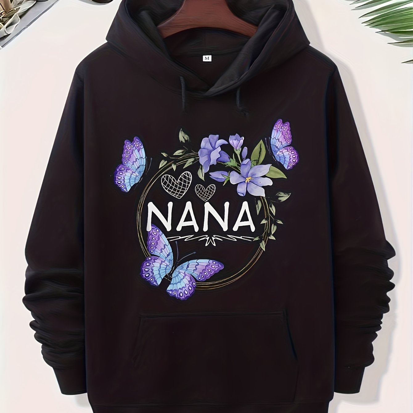 TEMU Men's & Women's Vintage Floral & Heart Graphic Hooded Sweatshirt - Soft Breathable Lightweight Pullover With Pockets, Purple & Golden Lettering