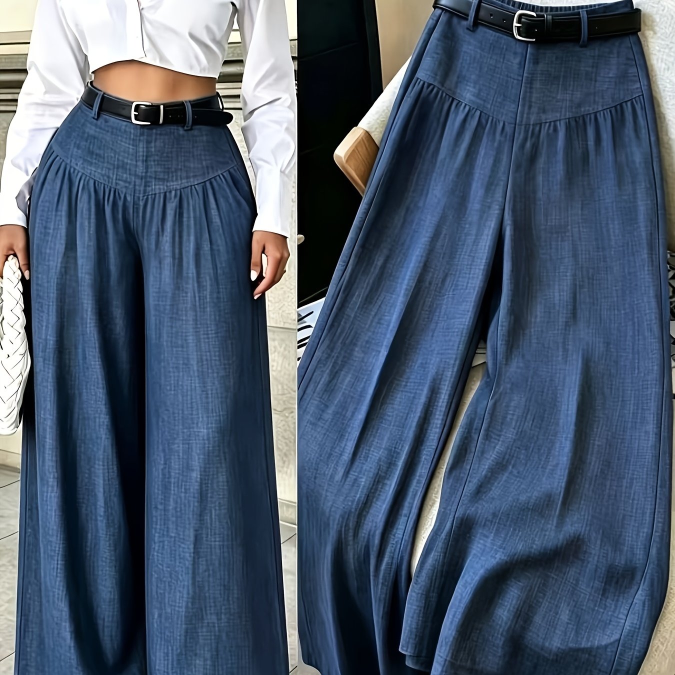 TEMU Solid Color Elegant And Flowing Wide-leg Pants, With Textured Fabric, Suitable For Work And Casual Wear