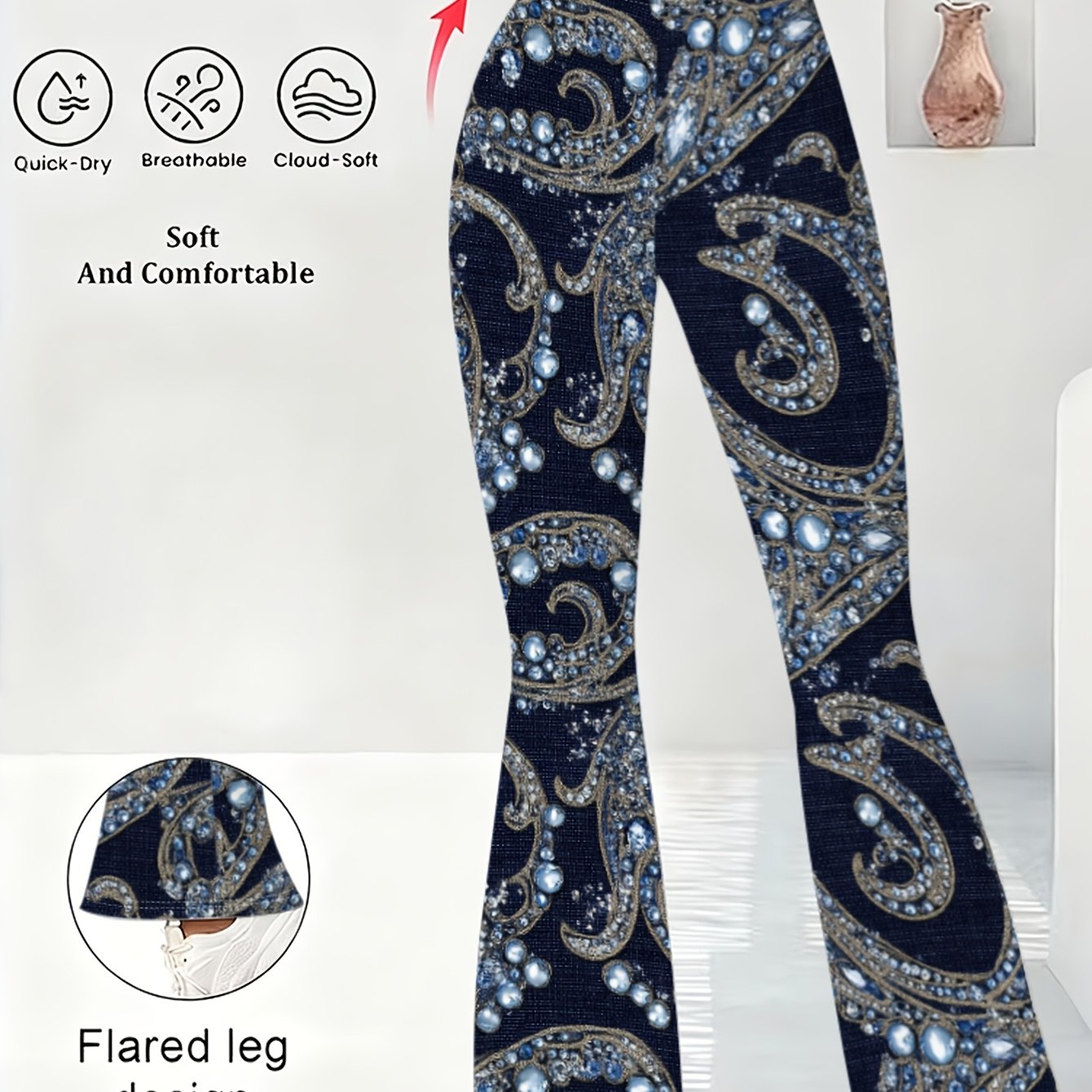 TEMU Women's High-waisted Wide-leg Flared Bell-bottom Pants - Retro Abstract Print Trousers With Stretch Fabric, Machine Washable Suitable For