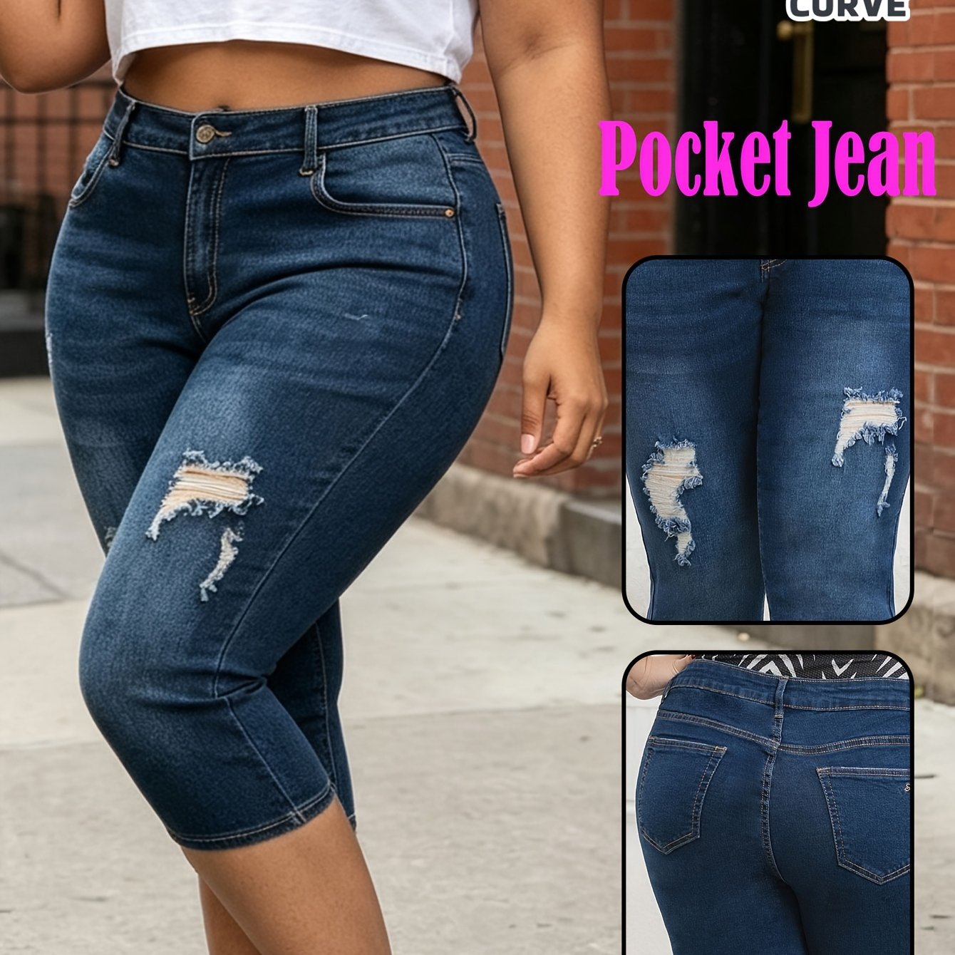 TEMU Women's Large Size Dark Blue Fashionable Versatile Holes Jeans, Soft And Comfortable Slim Fit Jeans, Suitable For Dating, Daily, Work, Parties