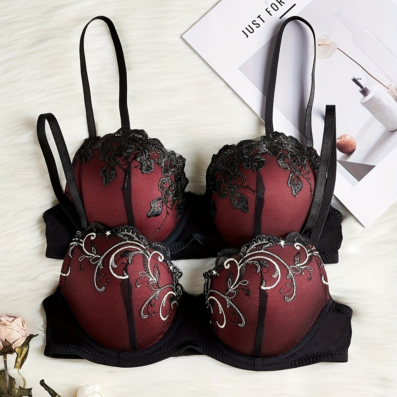 Image of 2pcs Stylish And Comfortable Fabric Contrast Color Embroidered Underwire Bra