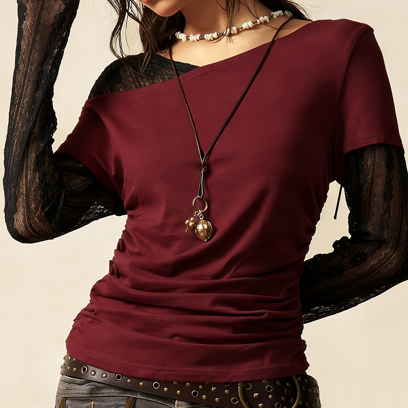 E-shop Damenhemd im Boho-Stil mit Color-Block-Muster und Spitze, geeignet für alle Jahreszeiten, für verschiedene Anlässe, vielseitig und