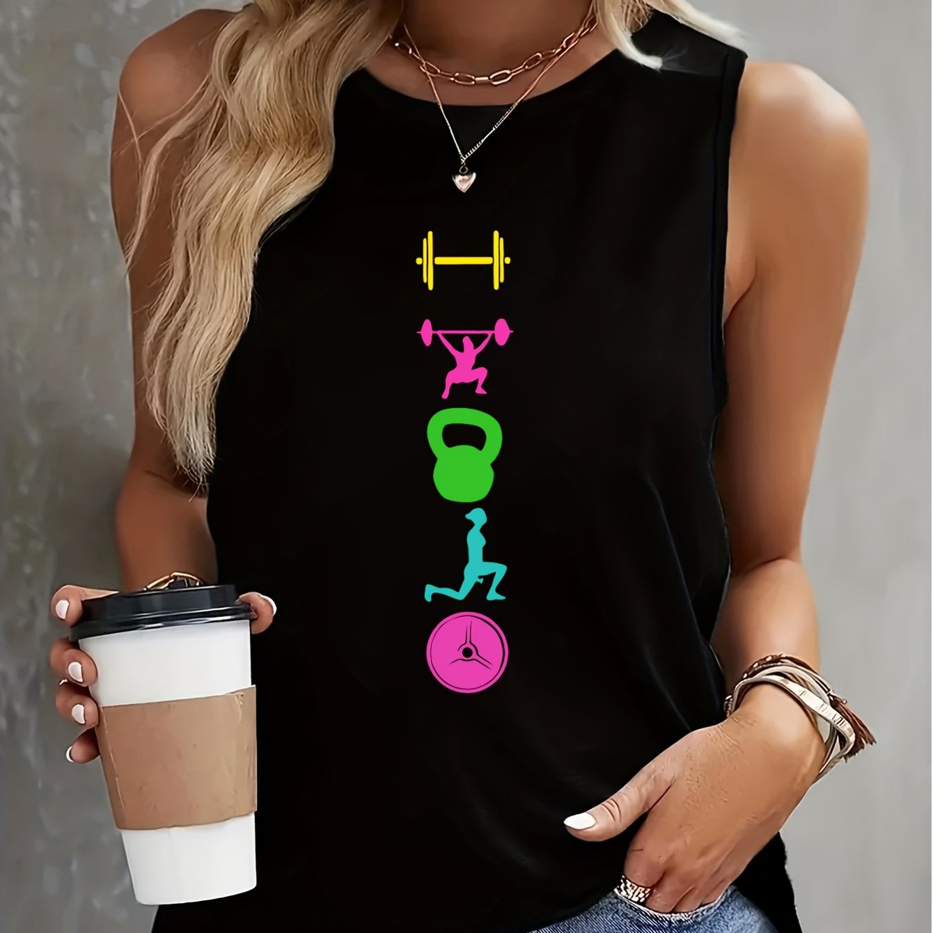 TEMU 1 pieza de ropa elegante para mujer, chaleco sin de cuello , con estampado de barra de fitness, lavable a máquina, para todas , ideal para