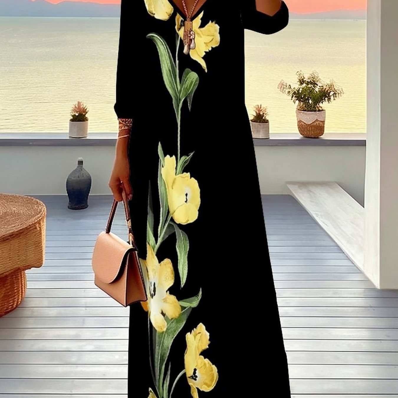 Plus Size, Women's Dress, Women's Plus Size Dress, Floral And , Full Body Print, Party Occasion, Casual Vacation, Elegant Women's Fashion, V-neck, Mid Sleeved Jumpsuit, Long Skirt
