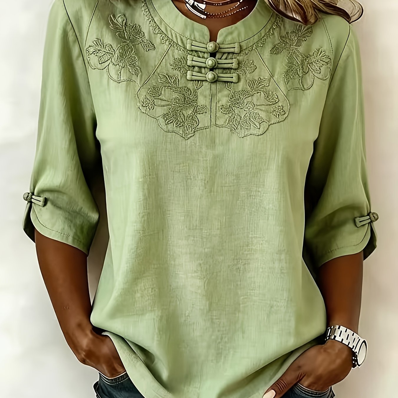 TEMU Chinese-style Short-sleeve Half-opening Lapel Small Plate Button Small Collar Floral Embroidery Regular Micro-stretch Slim-'s Shirt Zcdx