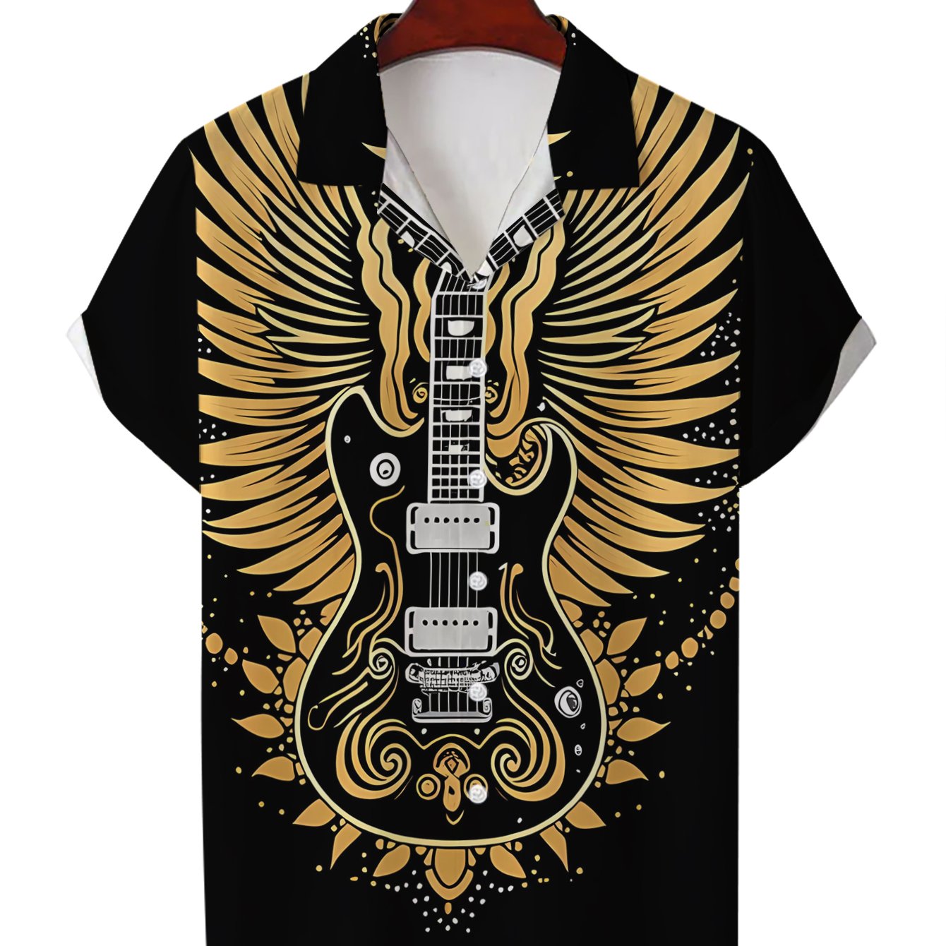 TEMU Men's Hawaiian Shirt - Flat Pattern - No Texture - Featuring A Design Of Guitar With Golden Wings, Stylish And Easy Short Sleeves, , Casual