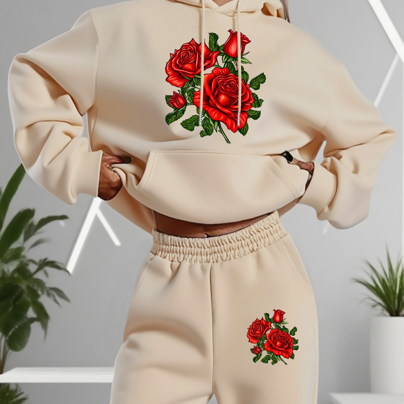 TEMU (016# Set) Women's Fashion Hoodie And Pants 2pcs Set, Red Rose Print, Stylish Casual 2pcs Set