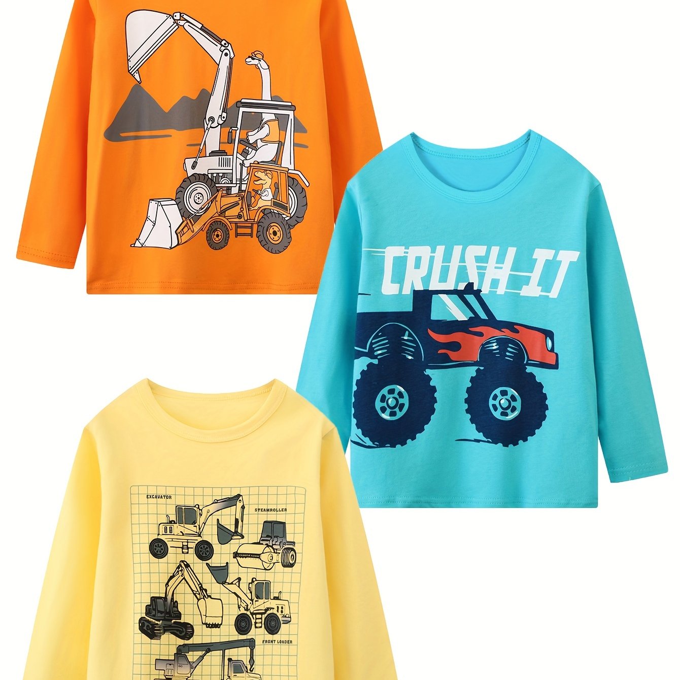 Image of Boy's Long Sleeve T-shirt Pure Cotton Comfortable Casual Round Neck Cartoon Excavator Random Printed T-shirt Spring Autumn Top 3pcs