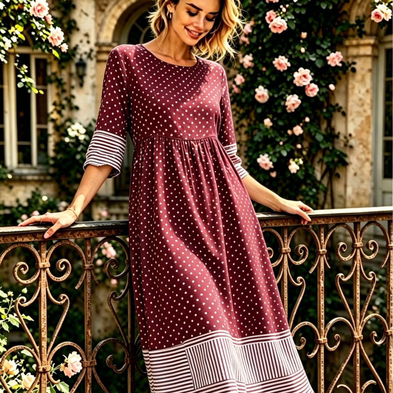 Image of Plus Size, Summer Dress For Women Elegant Vacation Loose Midi Dress Plus Size Round Neck 3/4 Sleeve Casual Daily Wear Women Swing Dress Soft Light Outfit For European Ladies Gathering Wear