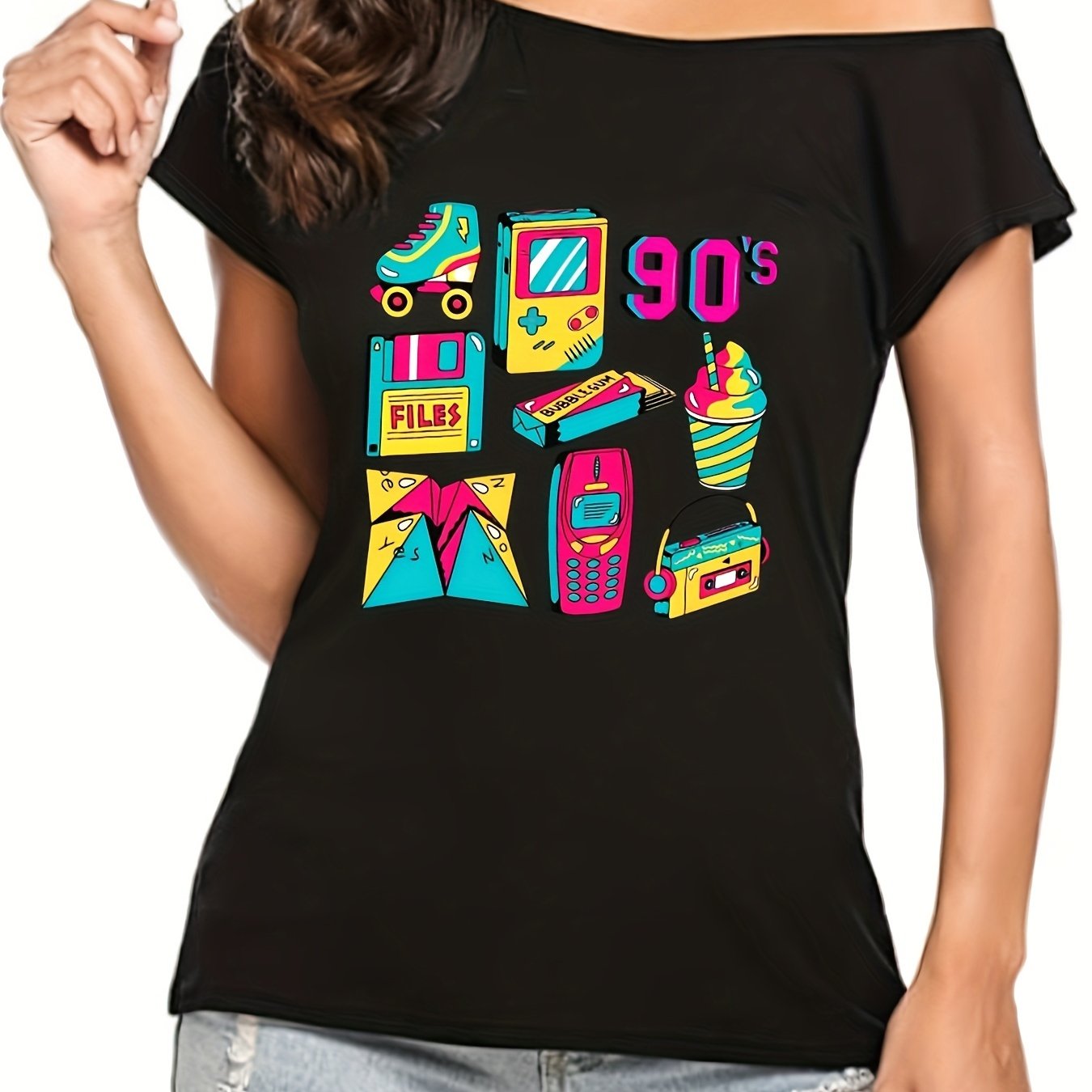 Image of Retro-inspired Off-shoulder T-shirt For Women - Fit With Vibrant 90's Graphic Print, Durable Polyester, Machine Washable - Perfect For Summer