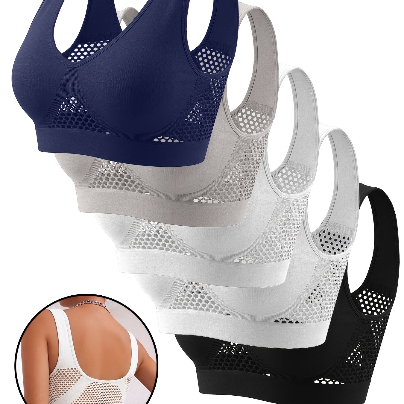 Image of 5pcs Women's Sports Bras, Yoga Sports Tank Tops, No Padding, Hollow Mesh, Breathable Hollow-out Quick-dry Fabric, Wire-free Zero-restraint Daily Underwear, Suitable For , /summer Style