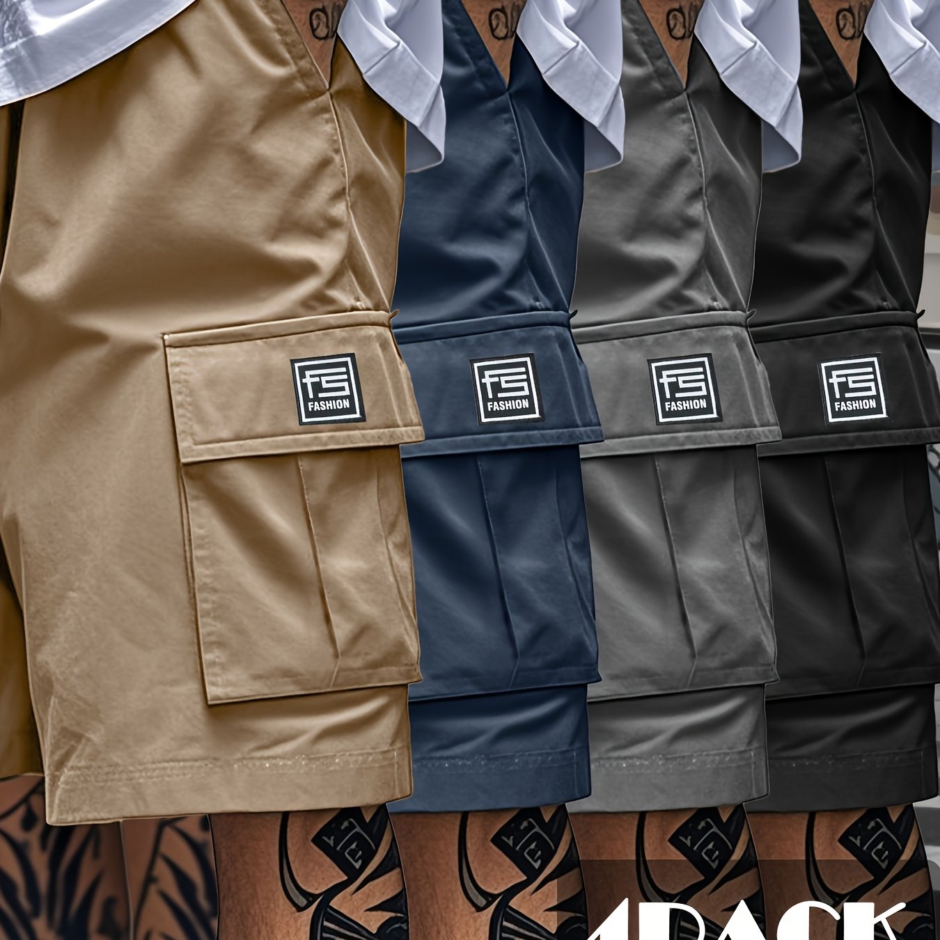 TEMU 4pcs Men's Workwear Shorts With Multi , Men's Loose, Non Elastic, Solid Color Multi Shorts - Casual, Loose Shorts, Suitable For Casual Wear, Summer Casual Shorts, Knee