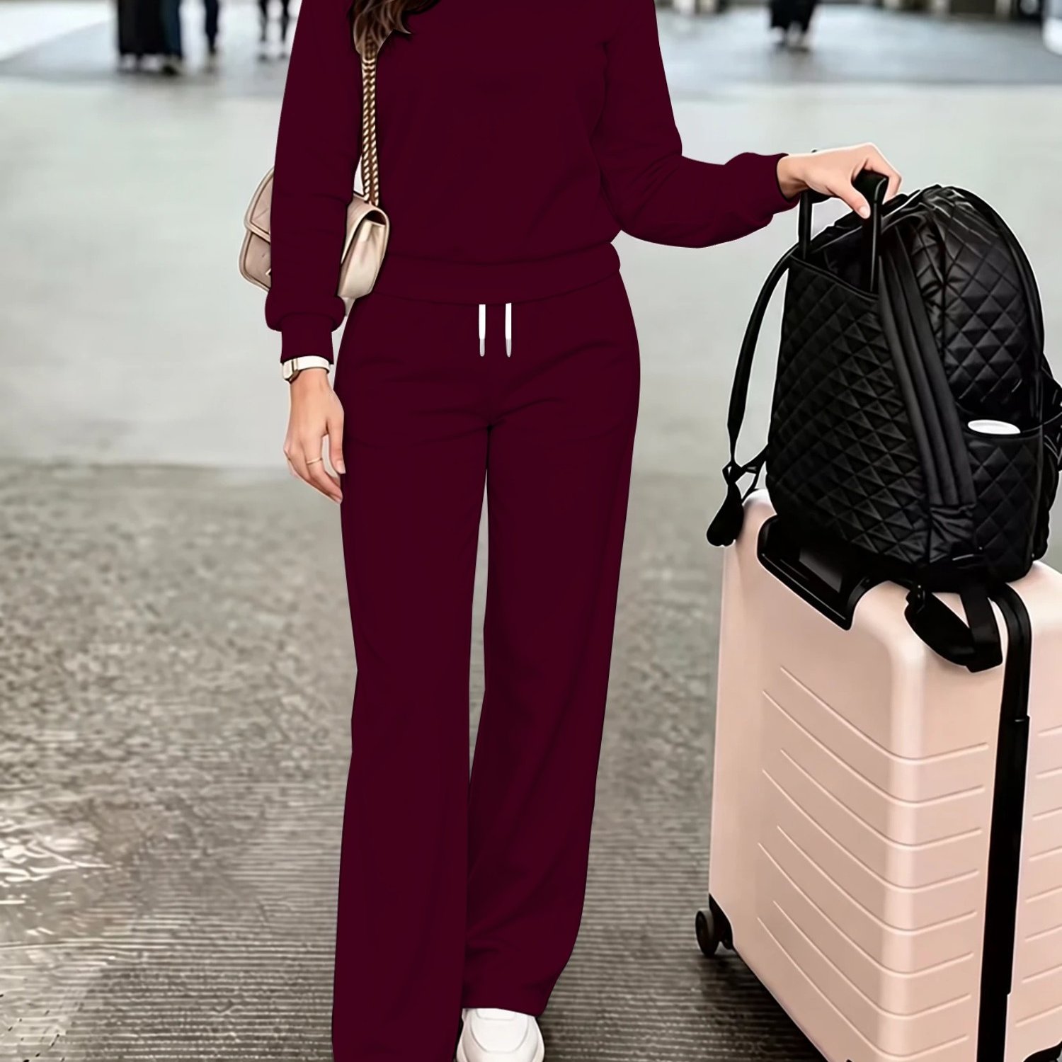 TEMU New Women's Fashion Casual 2pcs Set, Easy Printed Pants And Top, Round Neck Long Sleeve Top And Elastic Waist Drawstring Pants, Suitable For