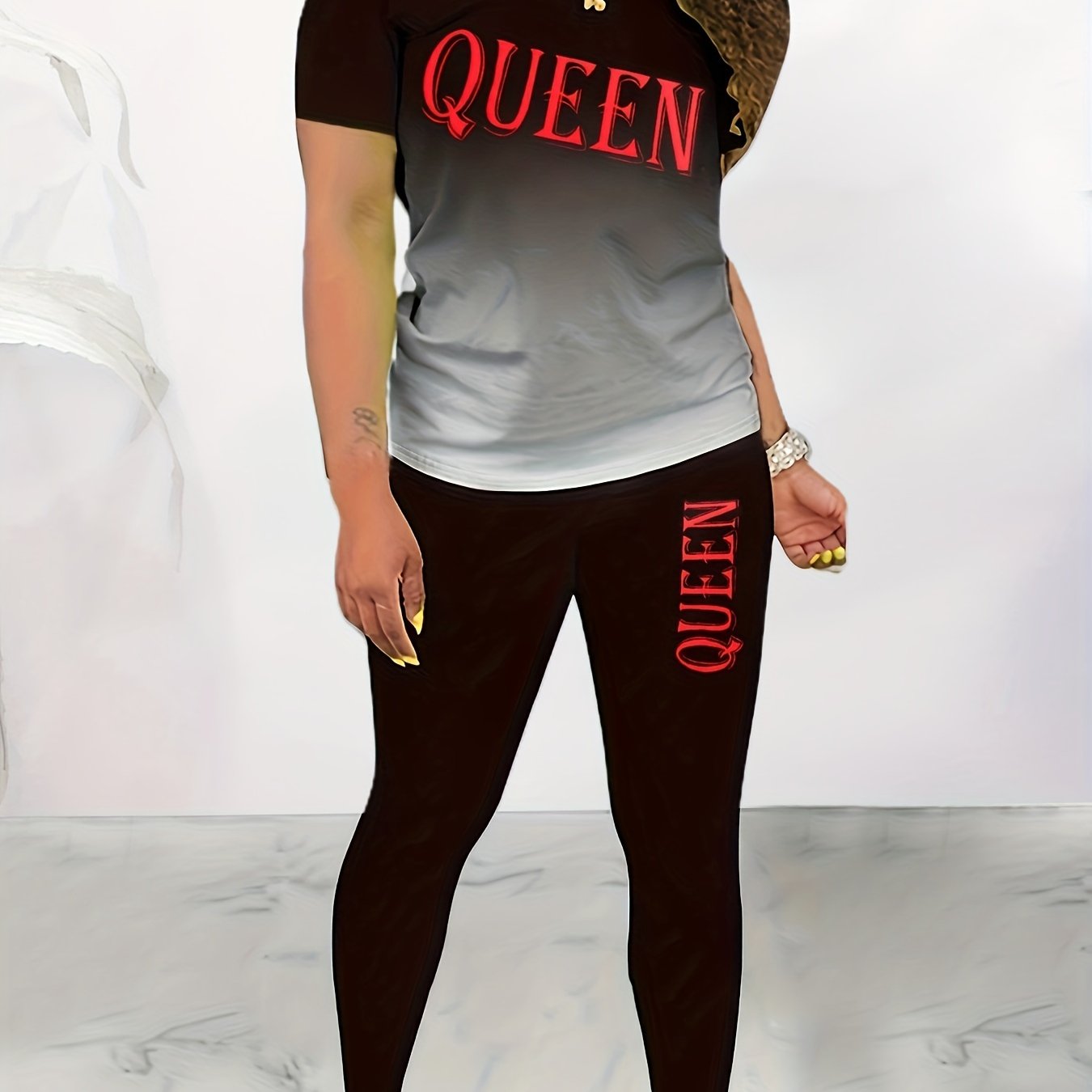 Queen Two-piece Set, Crew Neck Short Sleeve Tee & Slim Pants Outfits, Women's Clothing