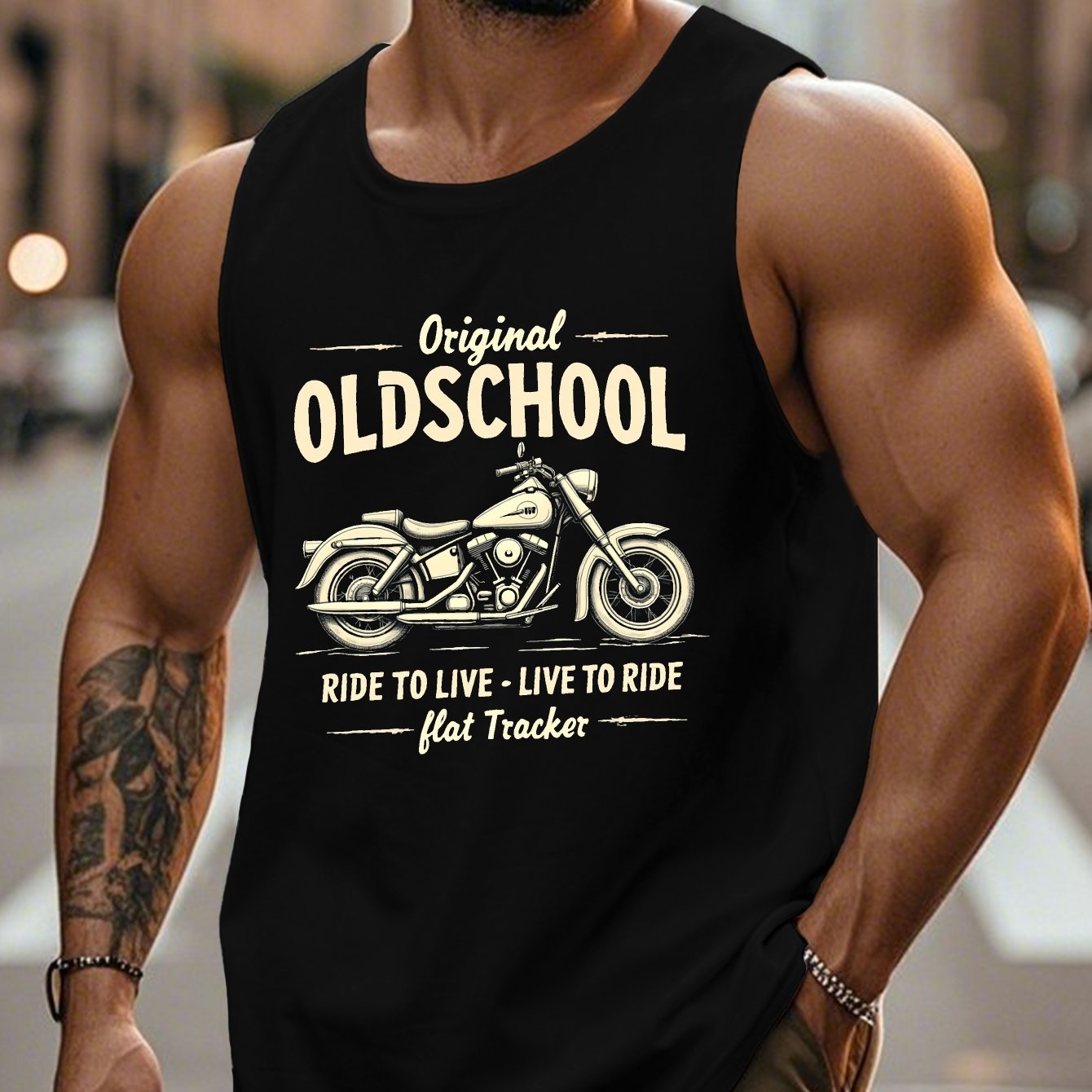 TEMU [printeddesign-not Textured] Vintage Motorcycle Pattern Print Plus Size Men's Vest - Black Golden Retro Style Lightweight Summer Sleeveless Top,