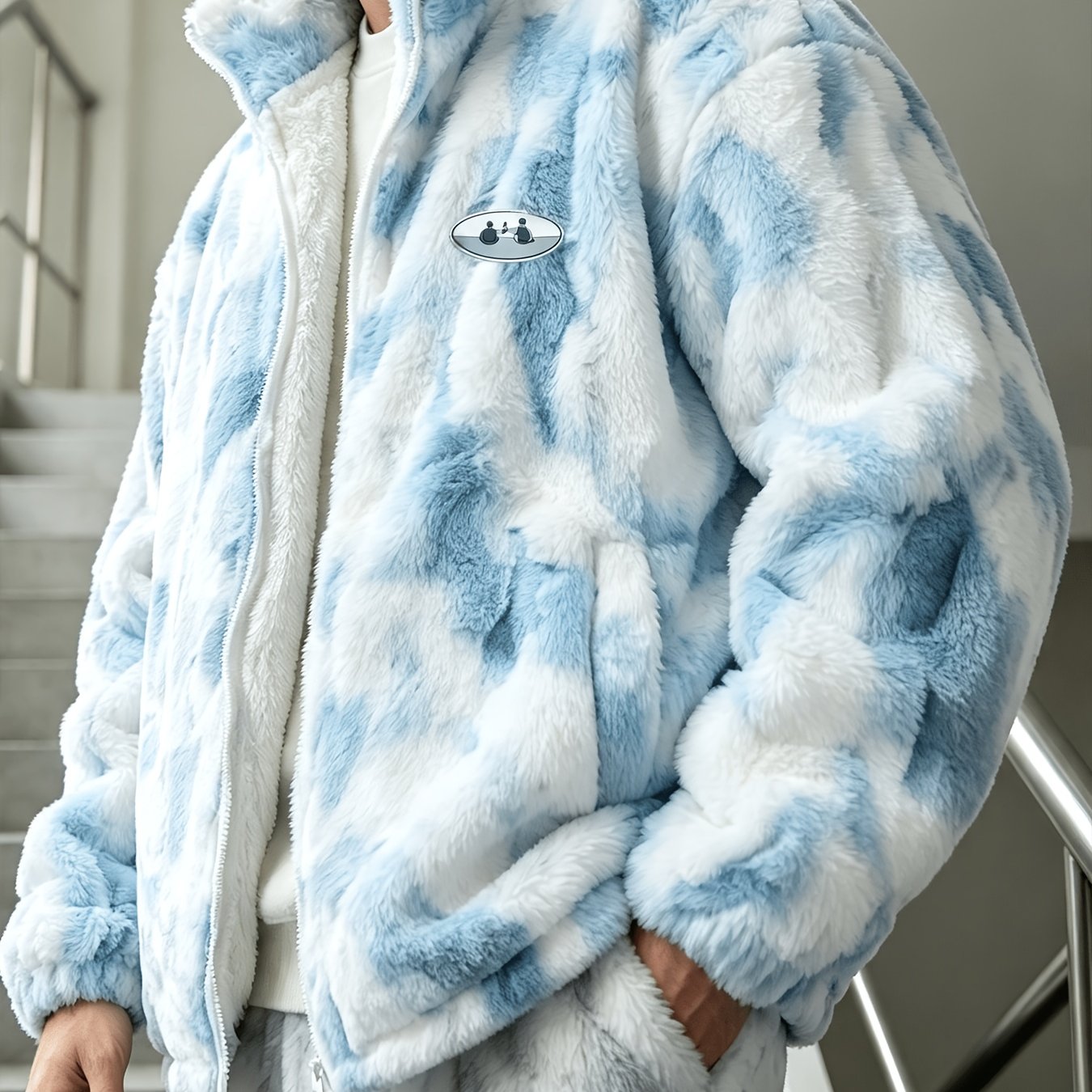 Men'S Ink Wash Tie-Dye Lamb Jacket, Autumn And Winter Thickened Stand Collar Fleece Padded Coat, Trendy Warm Coat; Stand Collar Zipper Lamb Jacket, Suitable for Daily Workwear