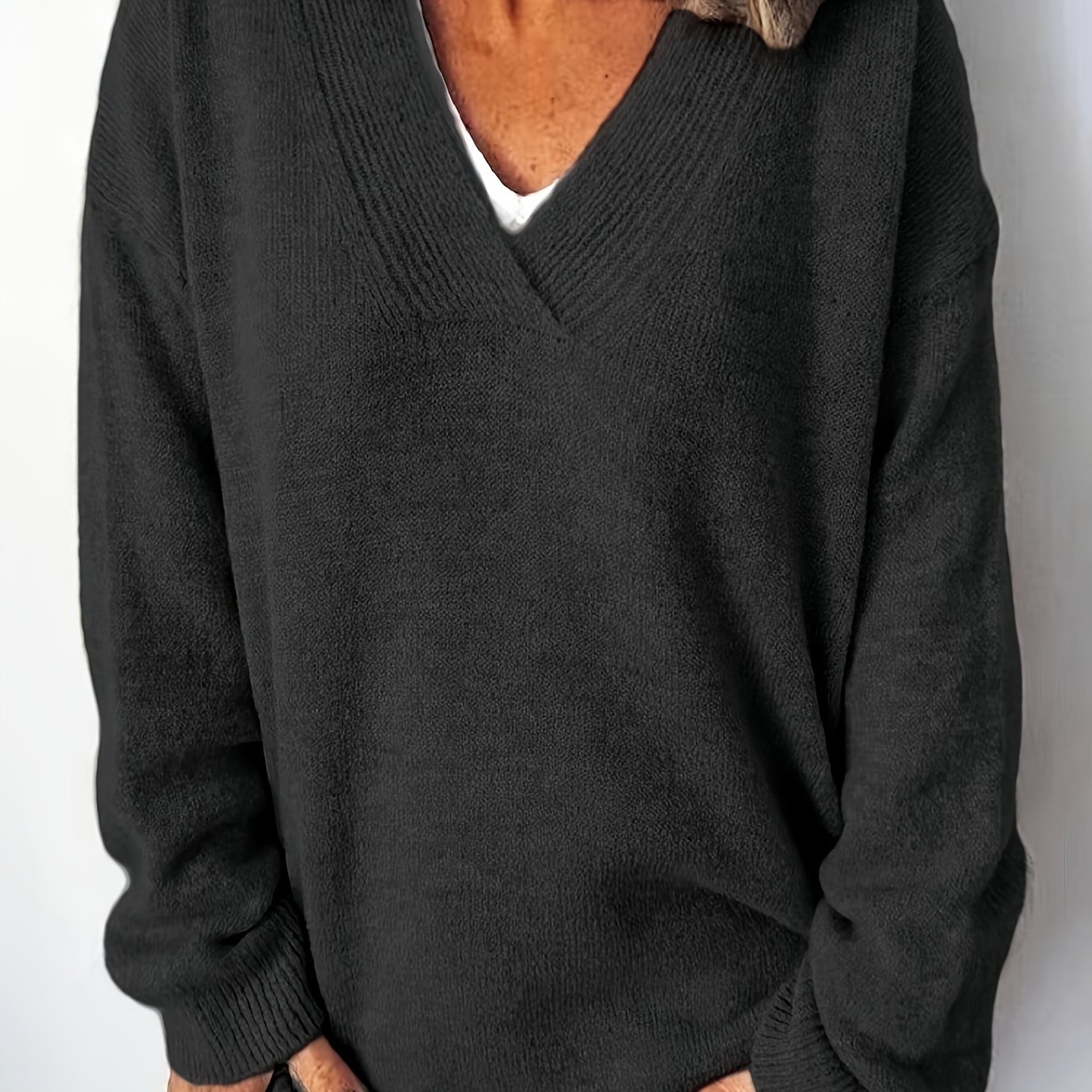 TEMU Plus Size, V-neck Long-sleeved Solid And Winter Sleeve With A