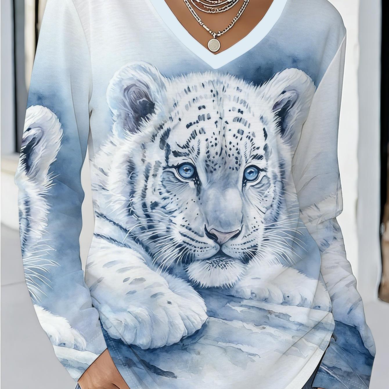 TEMU Plus Size - Plus Size - V-neck Long Sleeve T-shirt Featuring A Cool Watercolor Style With A Blue And White Gradient Icy Background, With A Full