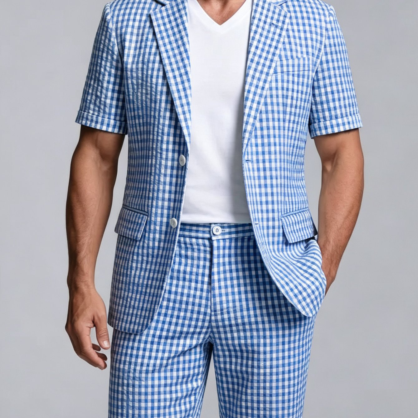 Image of 2pcs Set: Men's Business-casual & Sporty Printed Short-sleeve Suit Jacket With Notch And Two-button Closure, With Matching Shorts - Multiple Colors